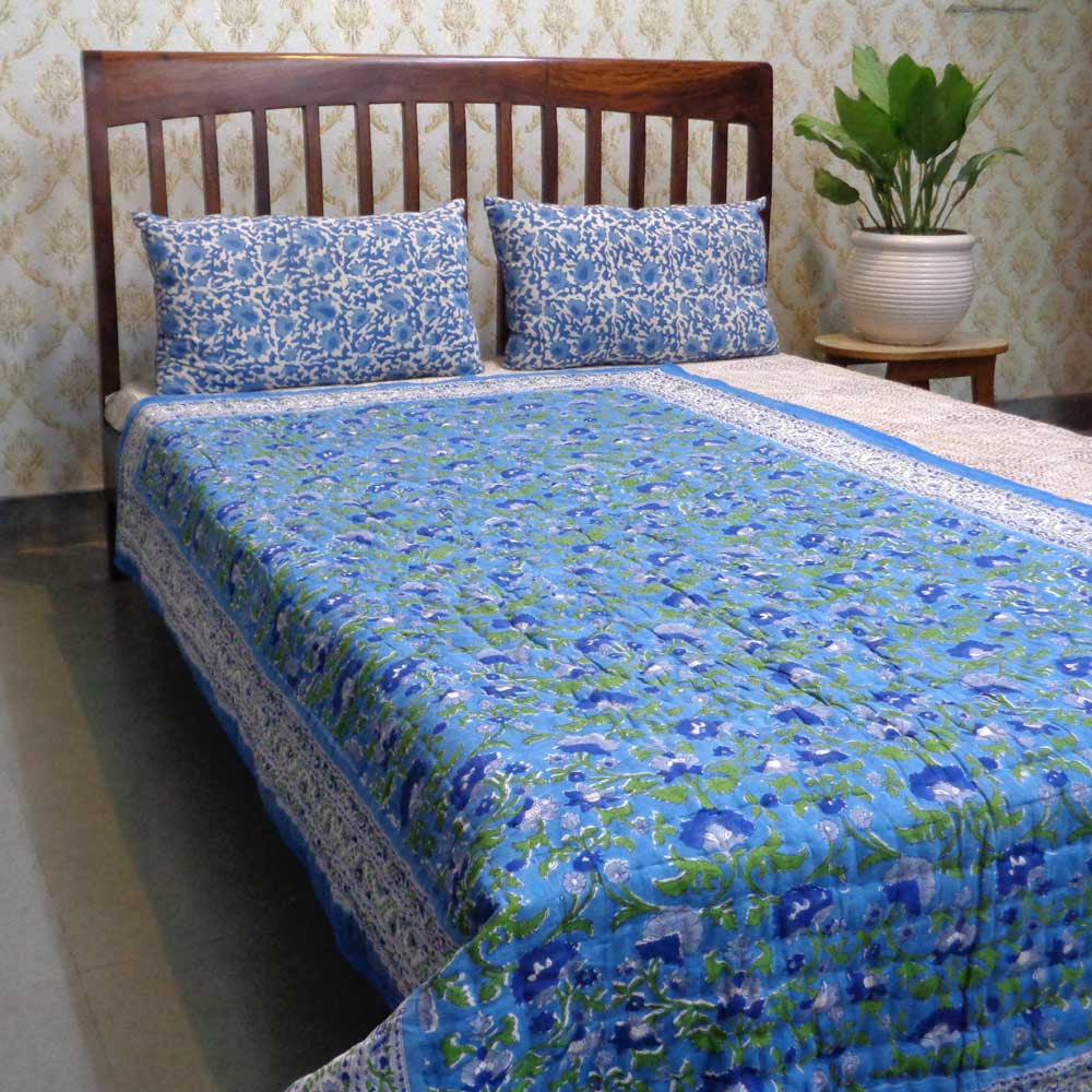 Hand Block Printed Cotton Twin Size Quilt | Rukhsana Blue 102436