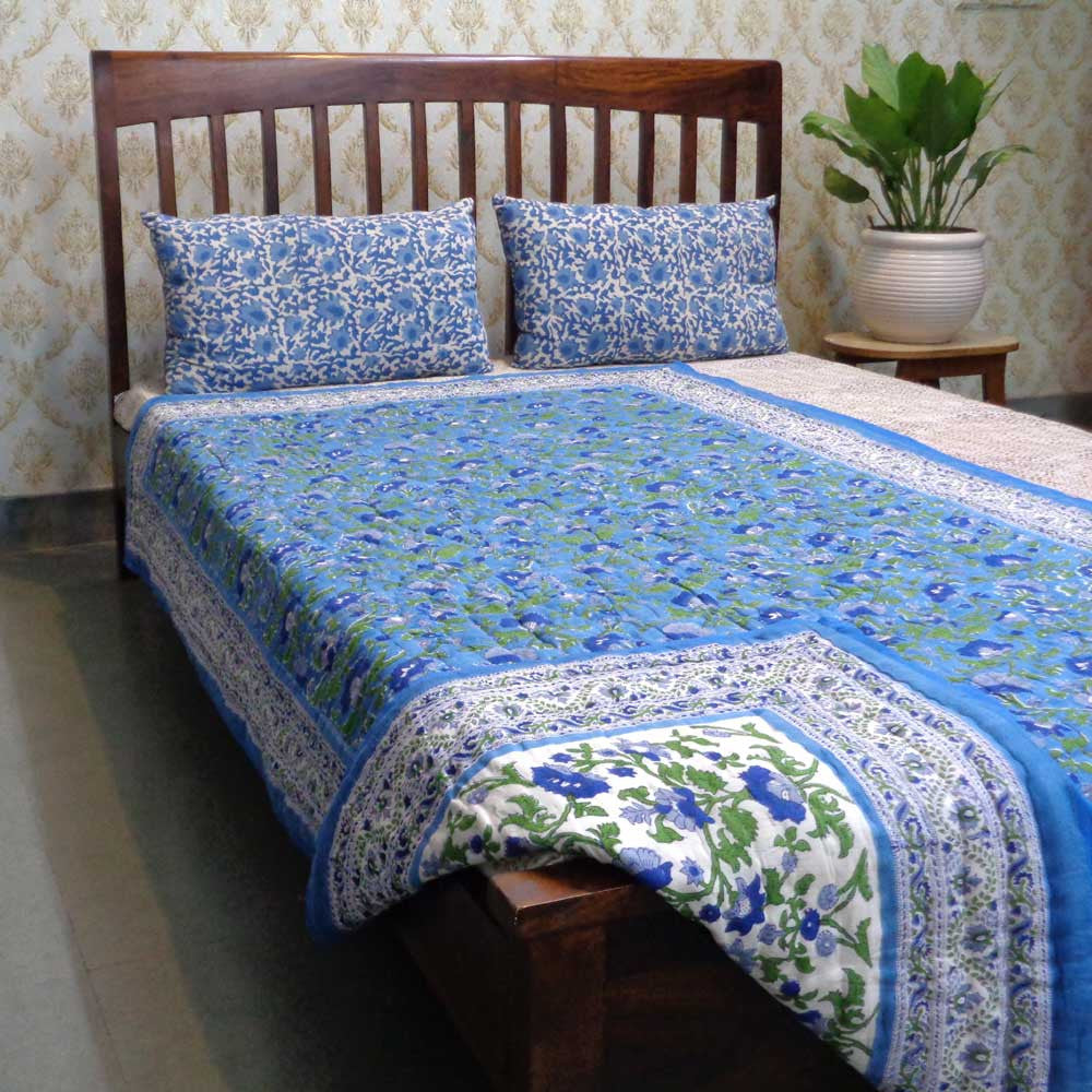 Hand Block Printed Cotton Twin Size Quilt | Rukhsana Blue 102436