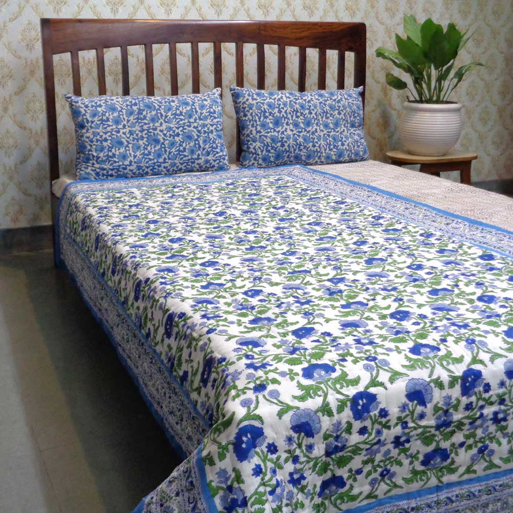 Hand Block Printed Cotton Twin Size Quilt | Rukhsana Blue 102436