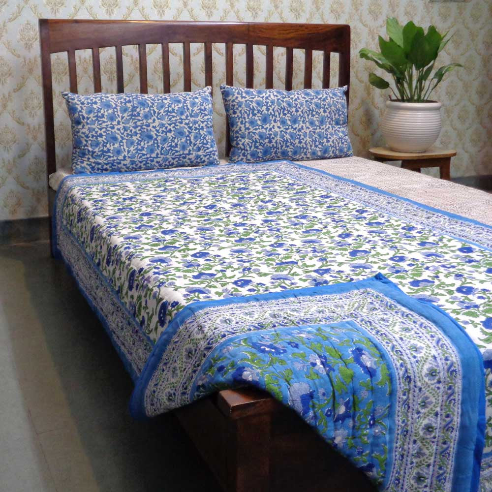 Hand Block Printed Cotton Twin Size Quilt | Rukhsana Blue 102436