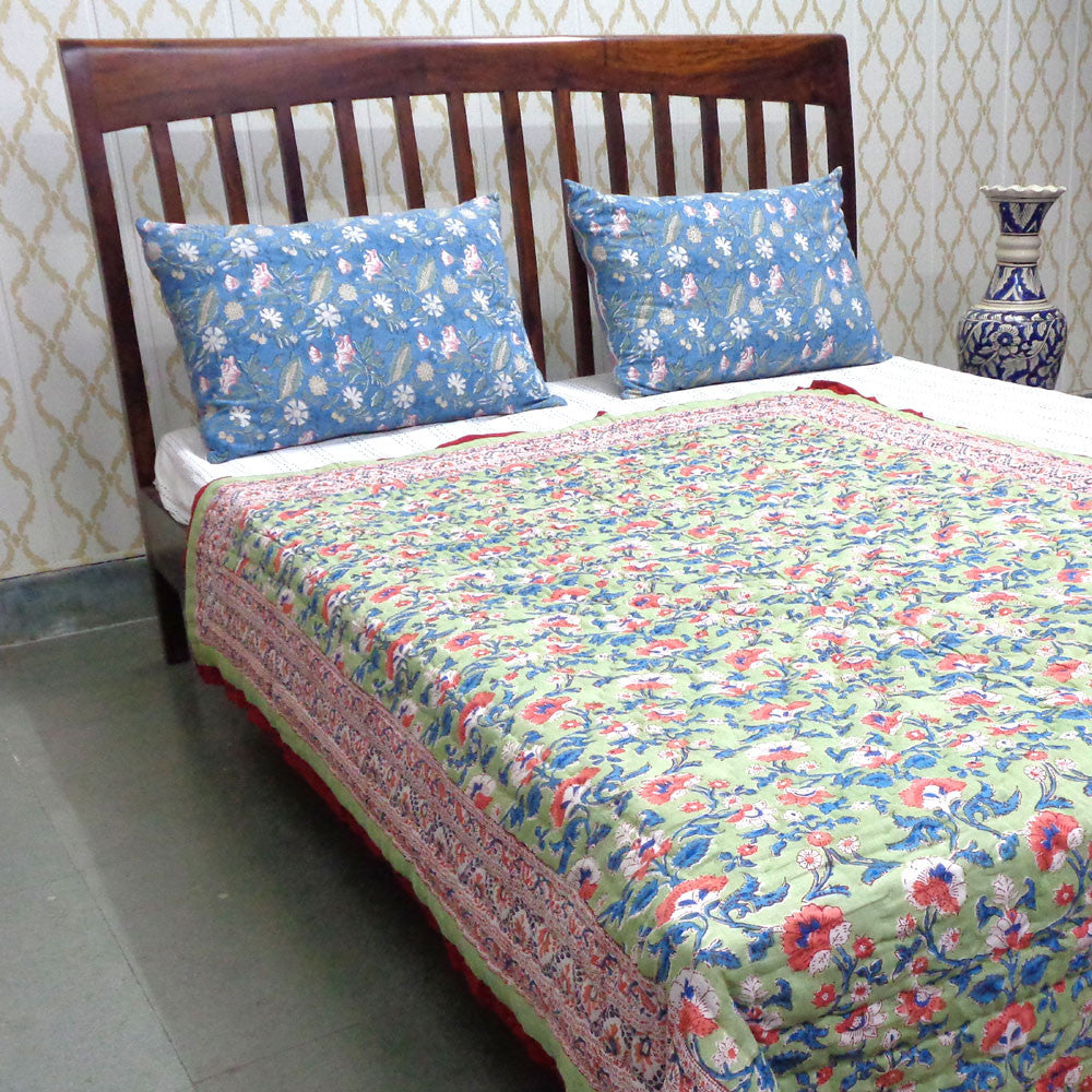 Hand Block Printed Cotton Twin Size Quilt | Rukhsana Jade Gud 204222