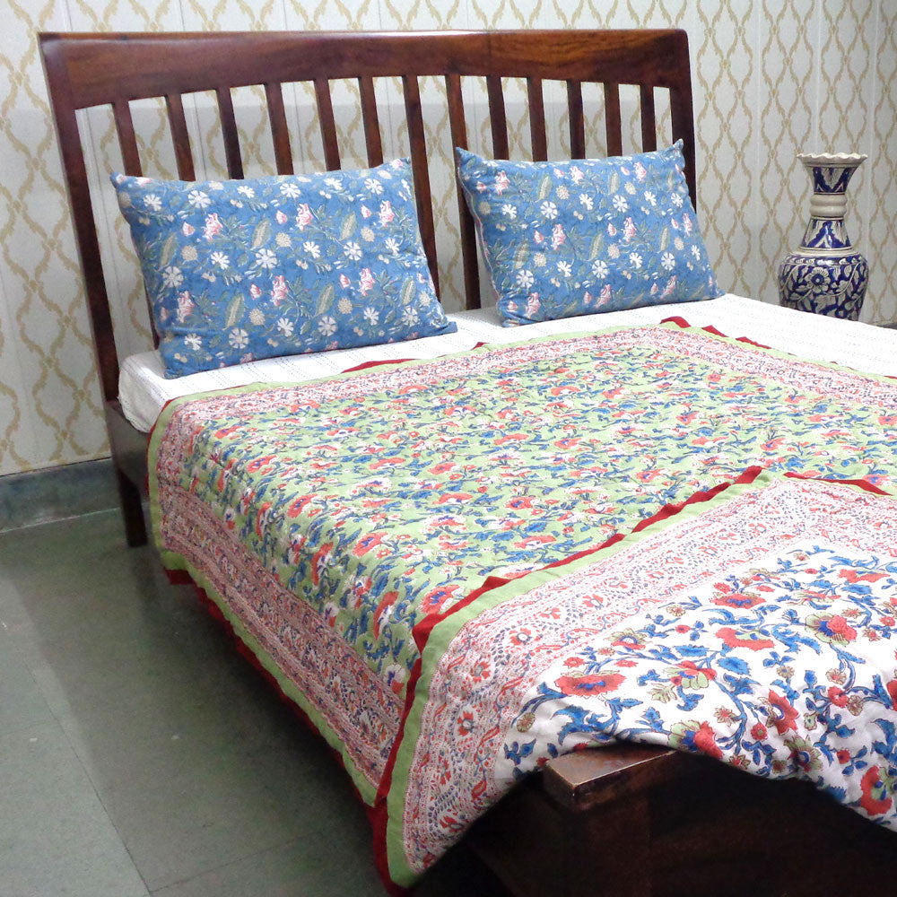 Hand Block Printed Cotton Twin Size Quilt | Rukhsana Jade Gud 204222