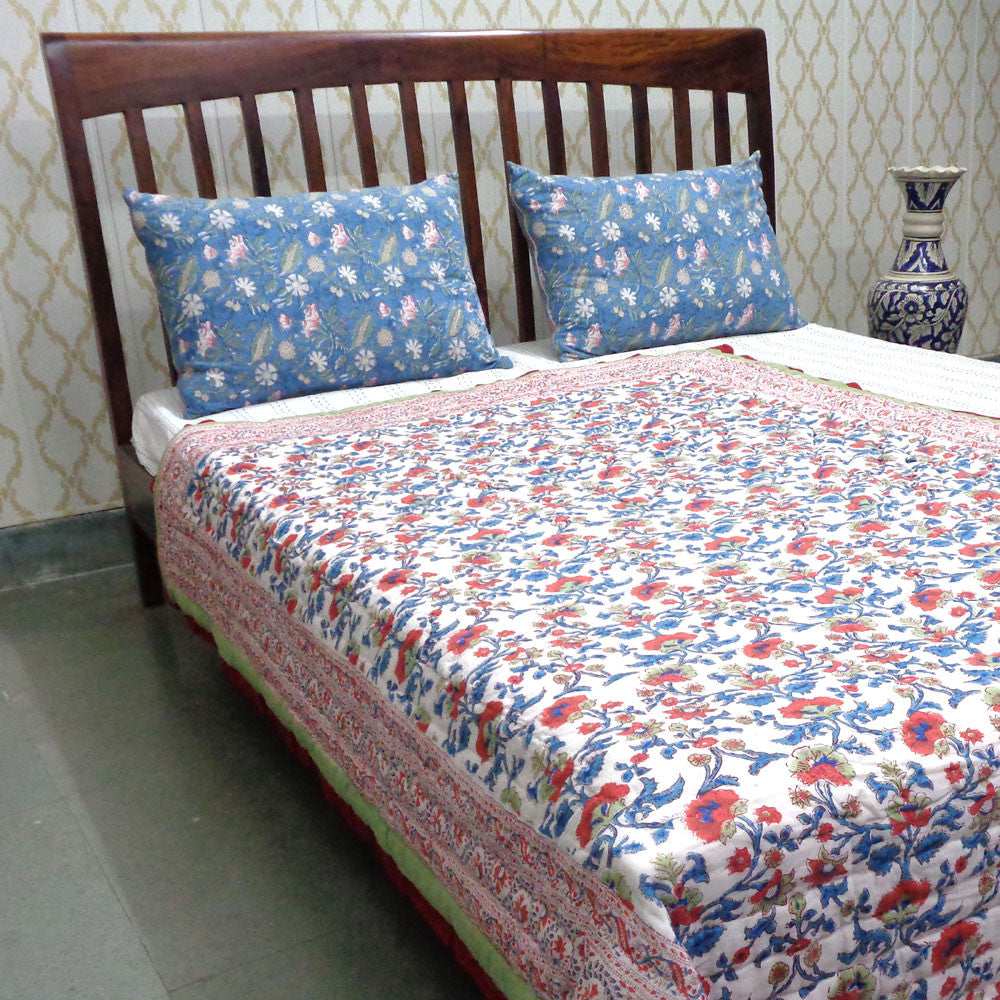 Hand Block Printed Cotton Twin Size Quilt | Rukhsana Jade Gud 204222