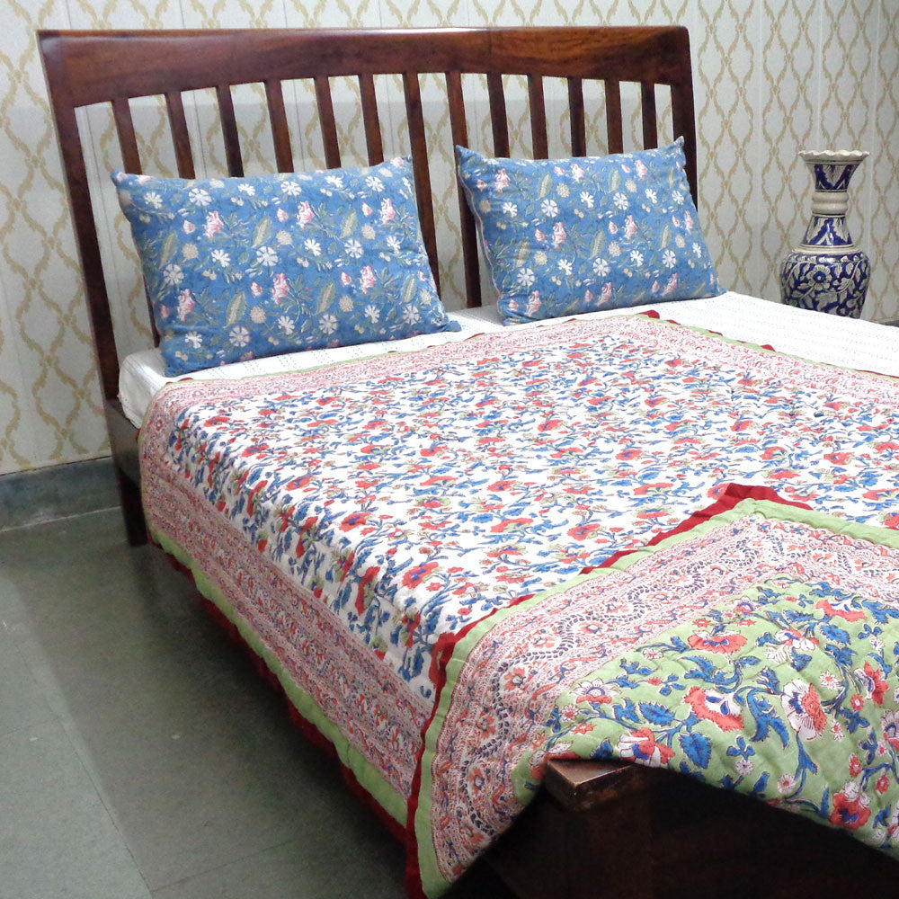 Hand Block Printed Cotton Twin Size Quilt | Rukhsana Jade Gud 204222