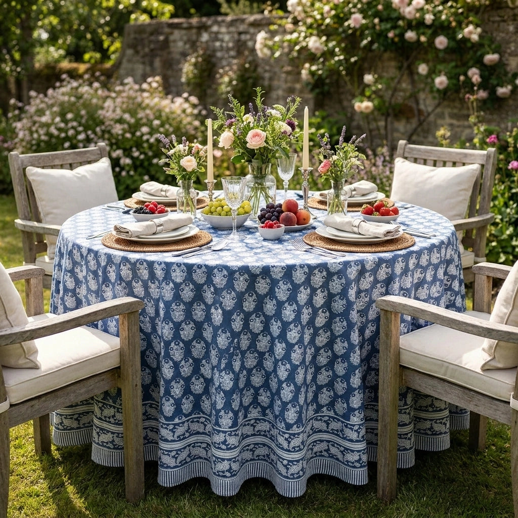 Artisan Crafted Round Table Cover Boota Aster Blue