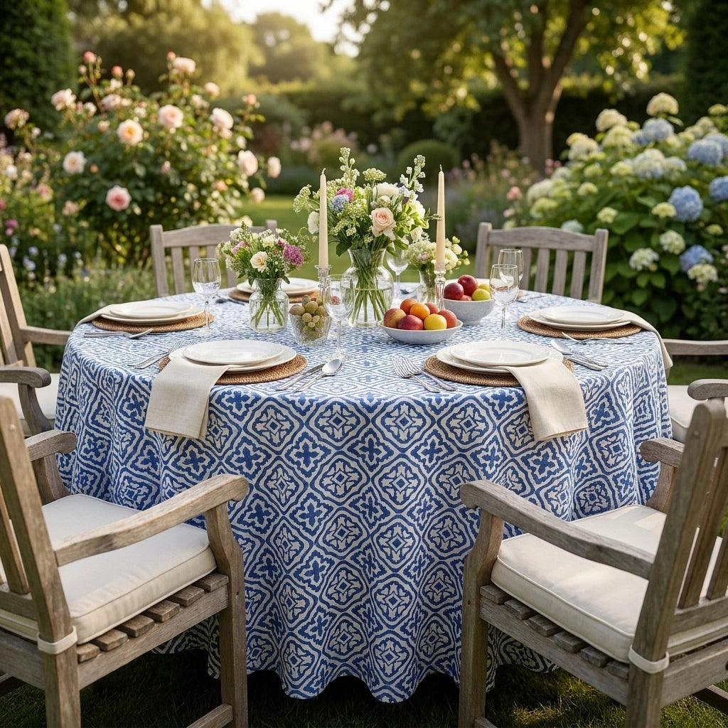 Family Round Table Cover Cross Flower Blue