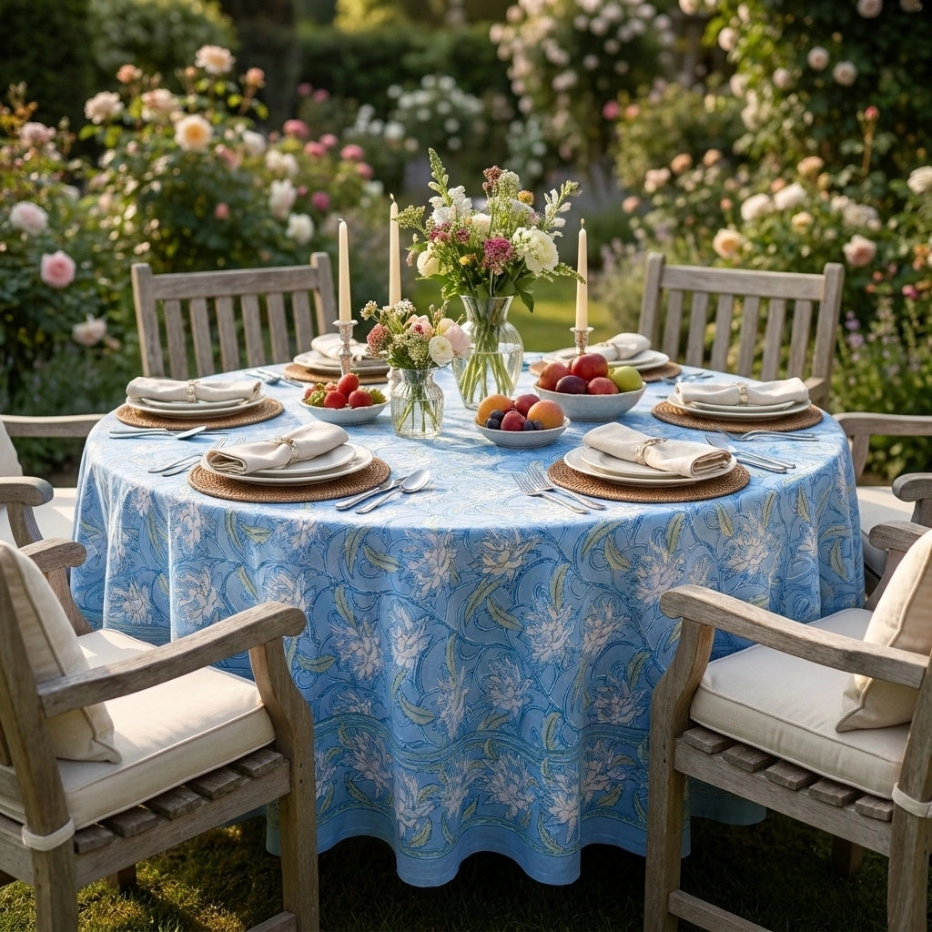 A round outdoor dining table set in a garden with a light blue floral tablecloth, wooden chairs, folded white napkins, woven placemats, candles, and fruit bowls. The background shows blurred rose bushes and greenery.