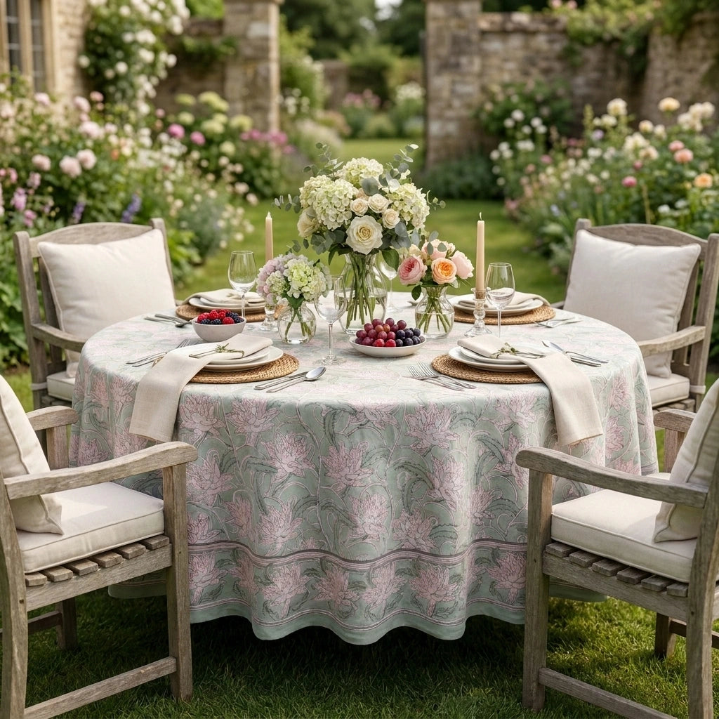 A round outdoor dining table set in a garden with a pale sage green tablecloth featuring a pink botanical pattern, surrounded by four wooden chairs with cream cushions. The table is decorated with white and pink floral arrangements, candles, and place settings.