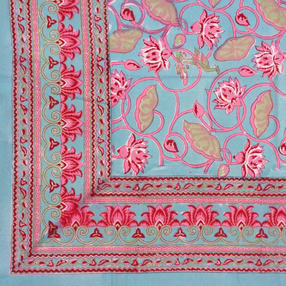 Indian Hand Block Printed Cotton Tablecloth 150x220 | Lotus Lake Jade 202202