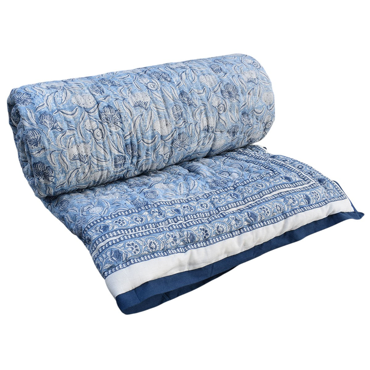 Hand Block Printed Cotton King Size Quilt | Meadow Song Blue 202513