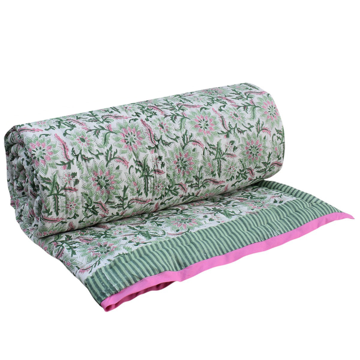 Hand Block Printed Cotton Medium Size Quilt | Madhubala Green 202526
