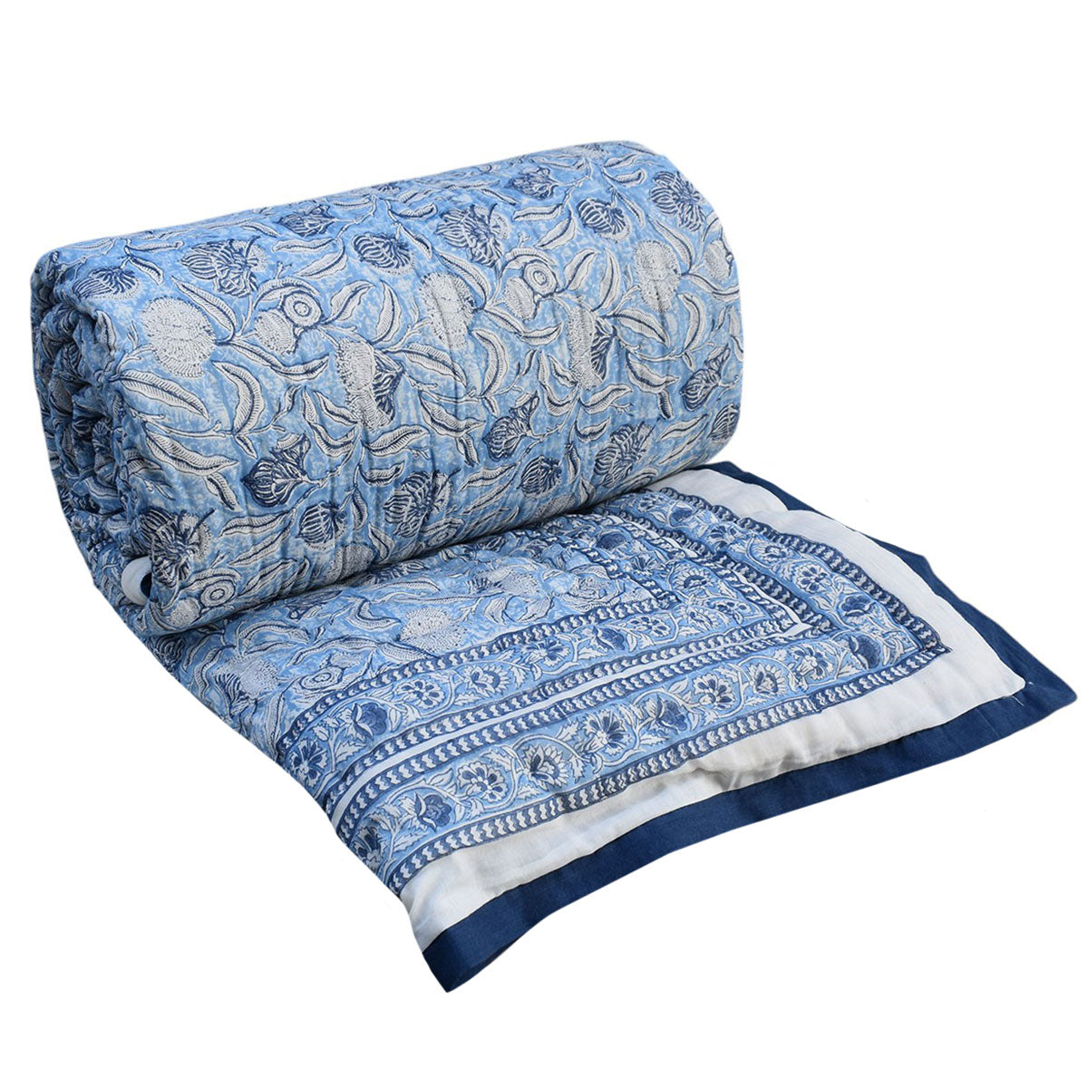 Hand Block Printed Cotton Medium Size Quilt | Meadow Song Blue 202513