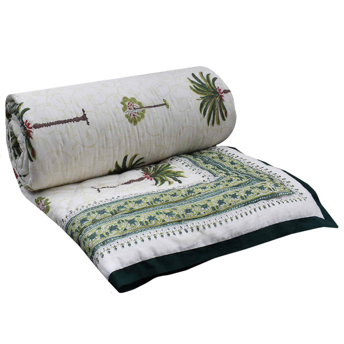 Hand Block Printed Cotton Medium Size Quilt | Palm Tree Green 109024