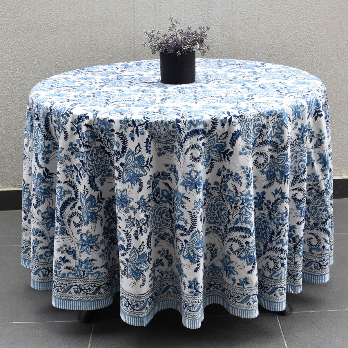Round 220 cms Cotton French Design Table Cover | Bela Palace Blue 601088