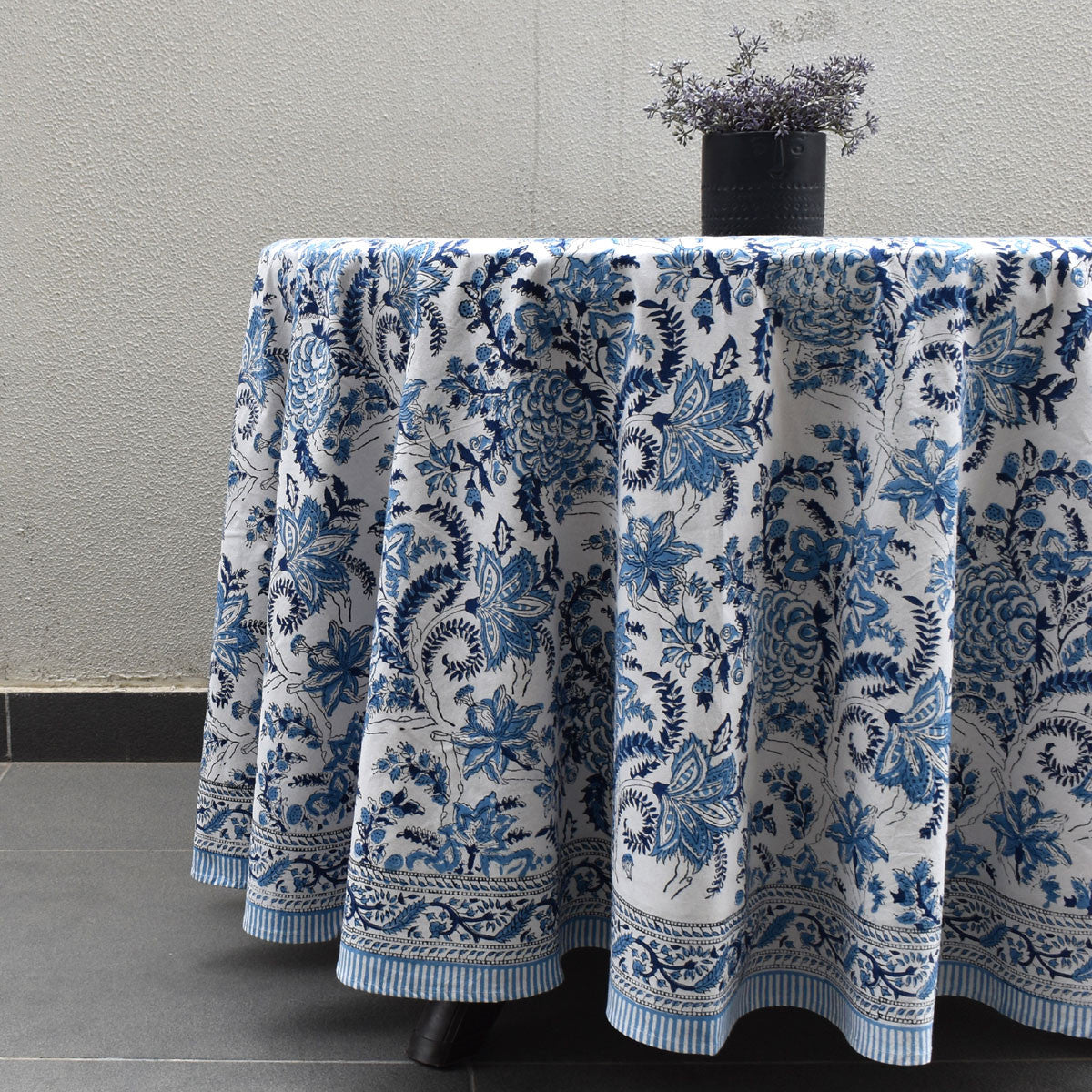 Round 220 cms Cotton French Design Table Cover | Bela Palace Blue 601088