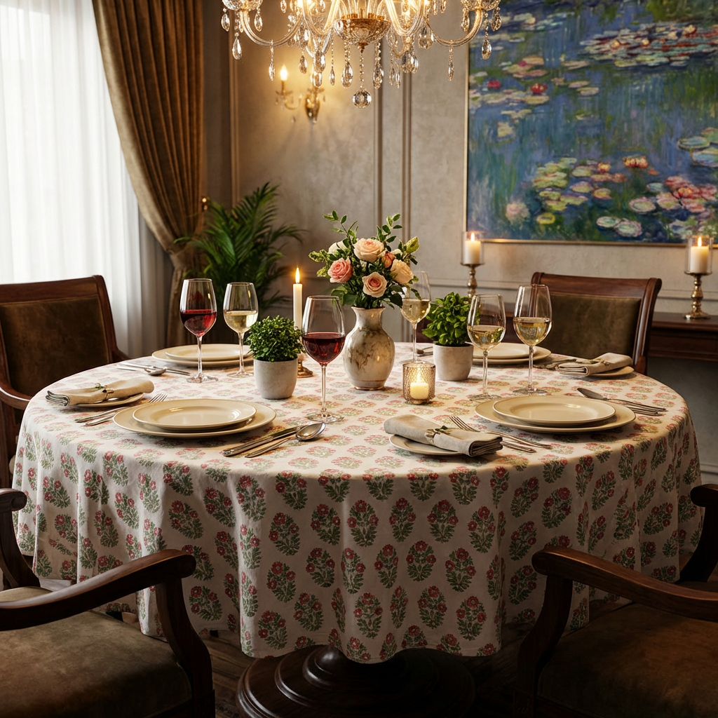 Round 220 cms Cotton French Design Table Cover | Boota Georgia 202403