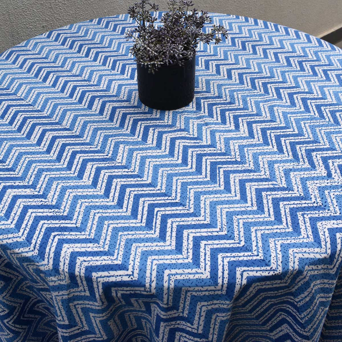Round 220 cms Cotton French Design Table Cover | Chevron Blue 107041