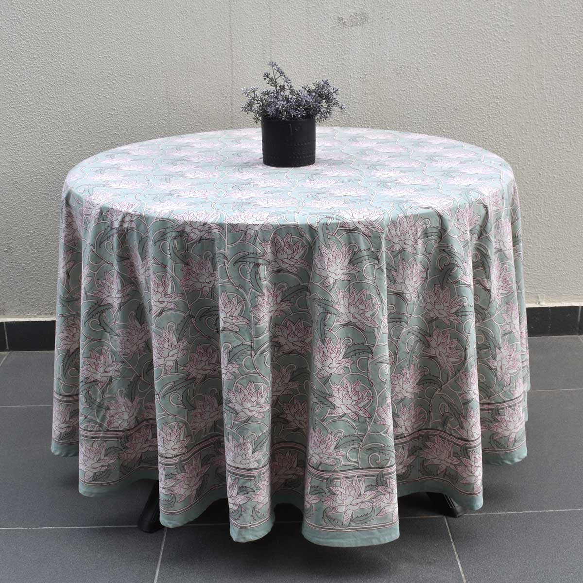 Round 220 cms Cotton French Design Table Cover | Japan Lotus Green 202501