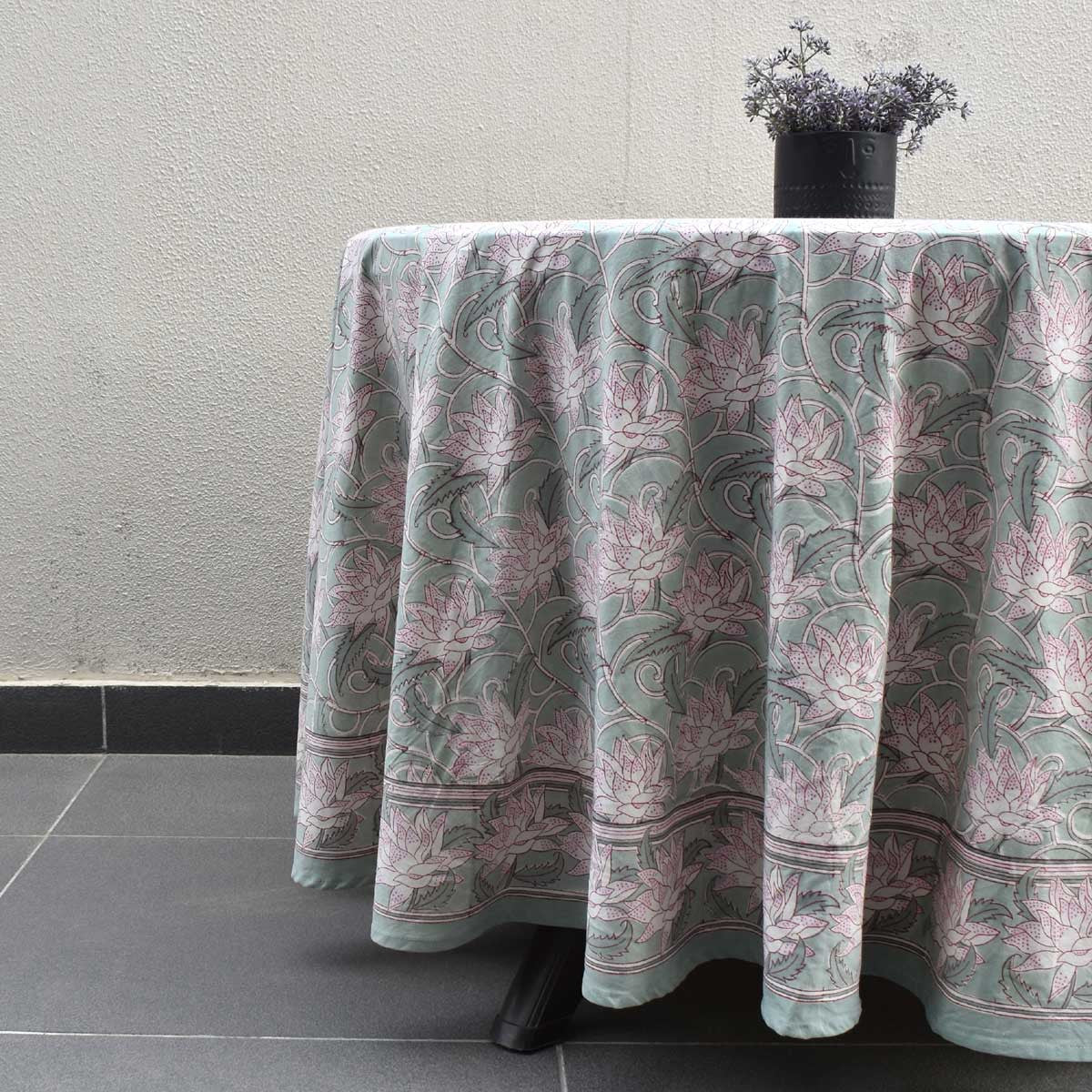 Round 220 cms Cotton French Design Table Cover | Japan Lotus Green 202501