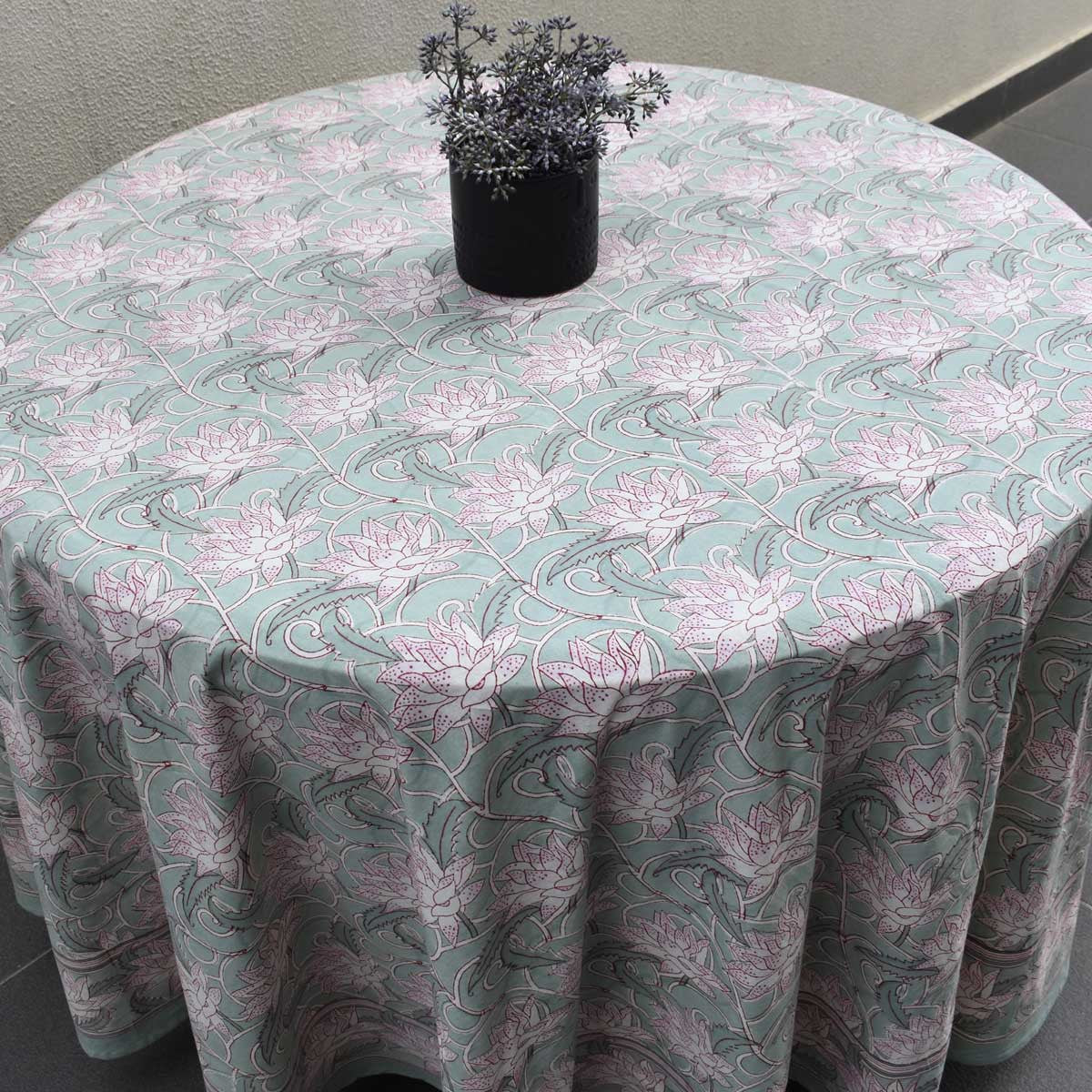 Round 220 cms Cotton French Design Table Cover | Japan Lotus Green 202501