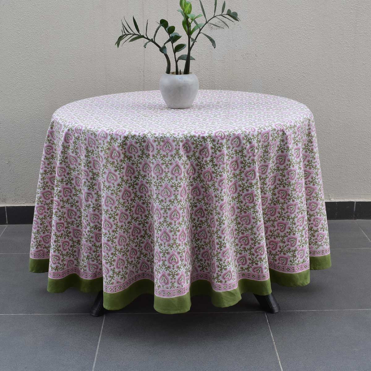 Round 220 cms Cotton French Design Table Cover | Mughal Pink Green 202520