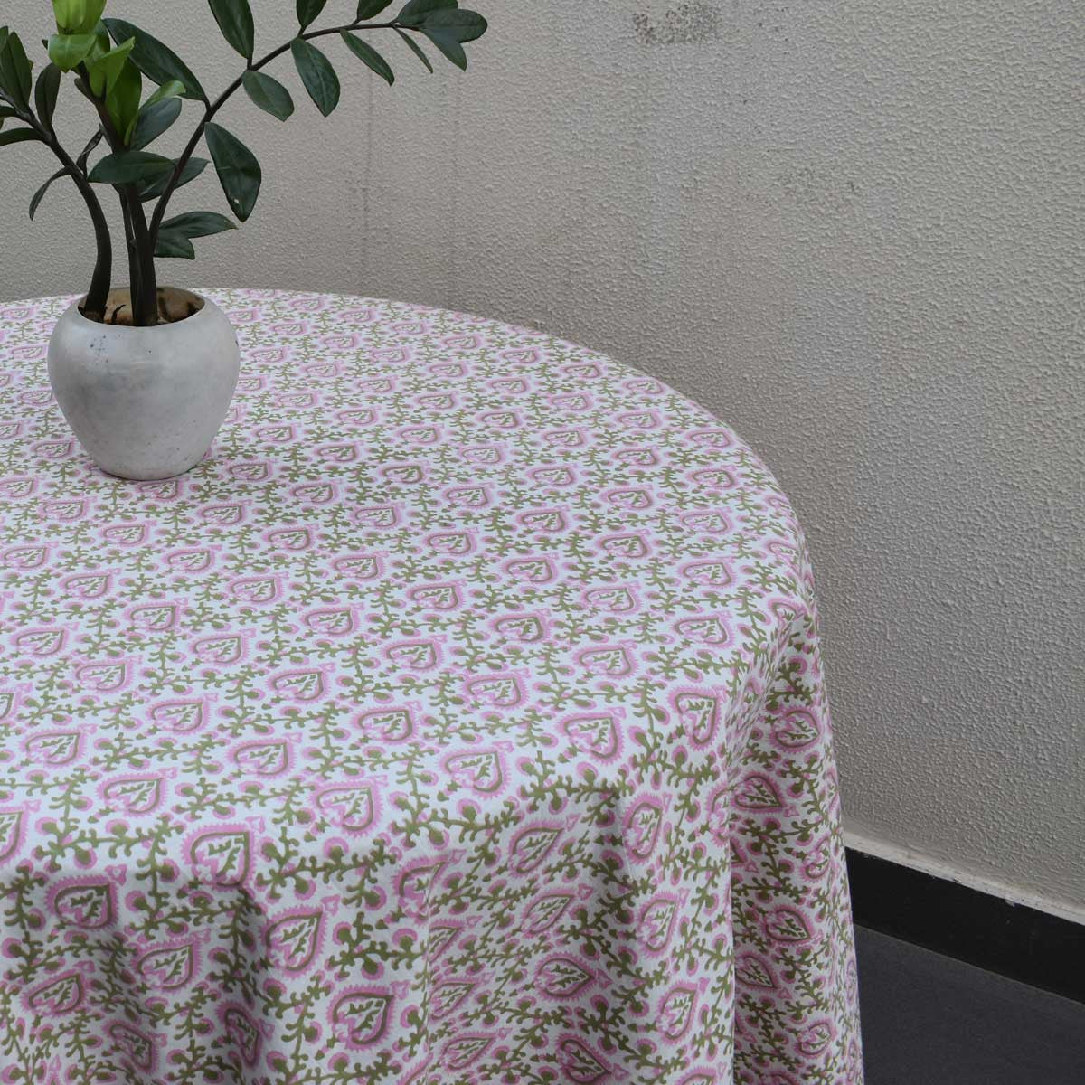 Round 220 cms Cotton French Design Table Cover | Mughal Pink Green 202520