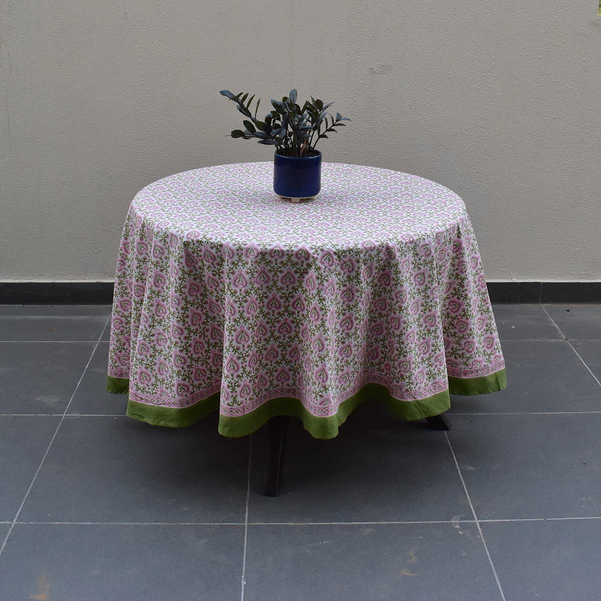 Round 220 cms Cotton French Design Table Cover | Mughal Pink Green 202520