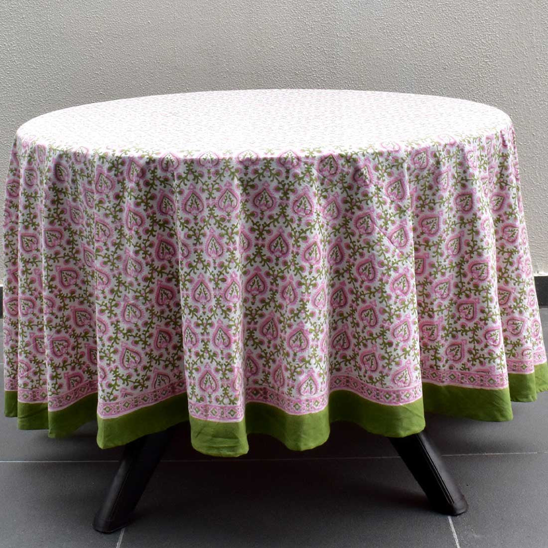 Round 220 cms Cotton French Design Table Cover | Mughal Pink Green 202520