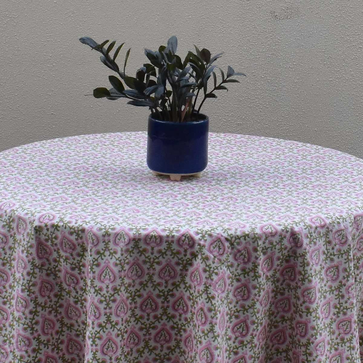Round 220 cms Cotton French Design Table Cover | Mughal Pink Green 202520