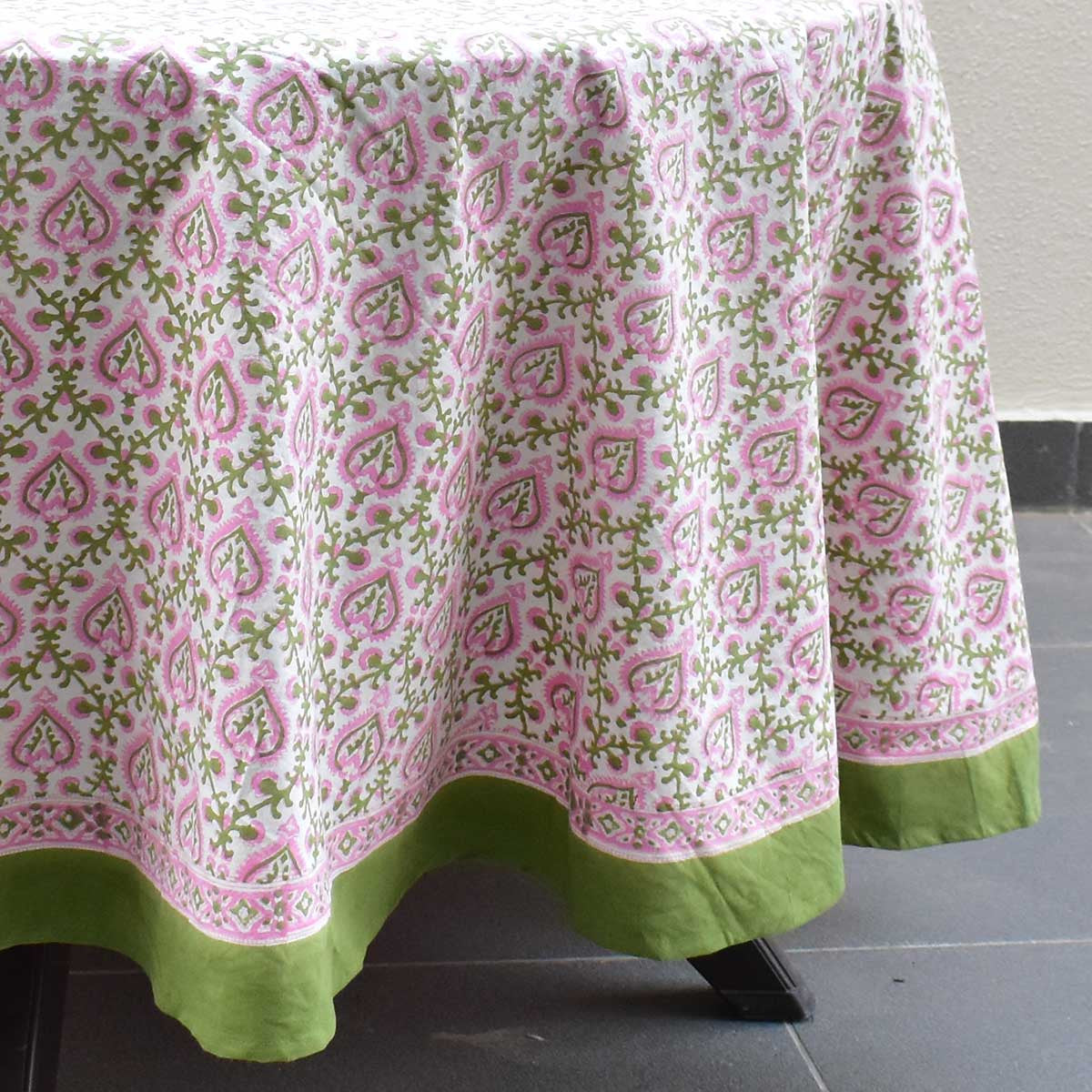 Round 220 cms Cotton French Design Table Cover | Mughal Pink Green 202520