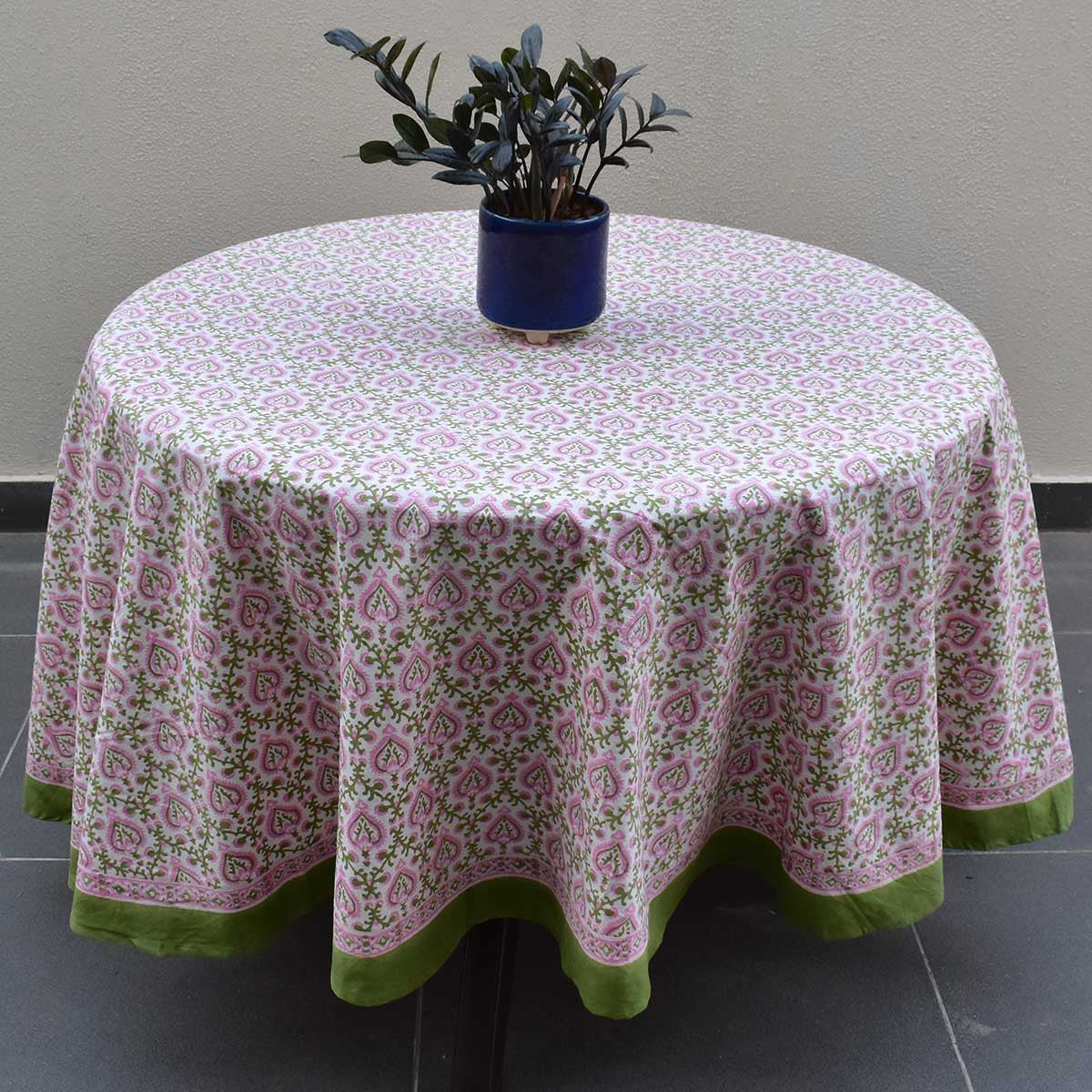 Round 220 cms Cotton French Design Table Cover | Mughal Pink Green 202520