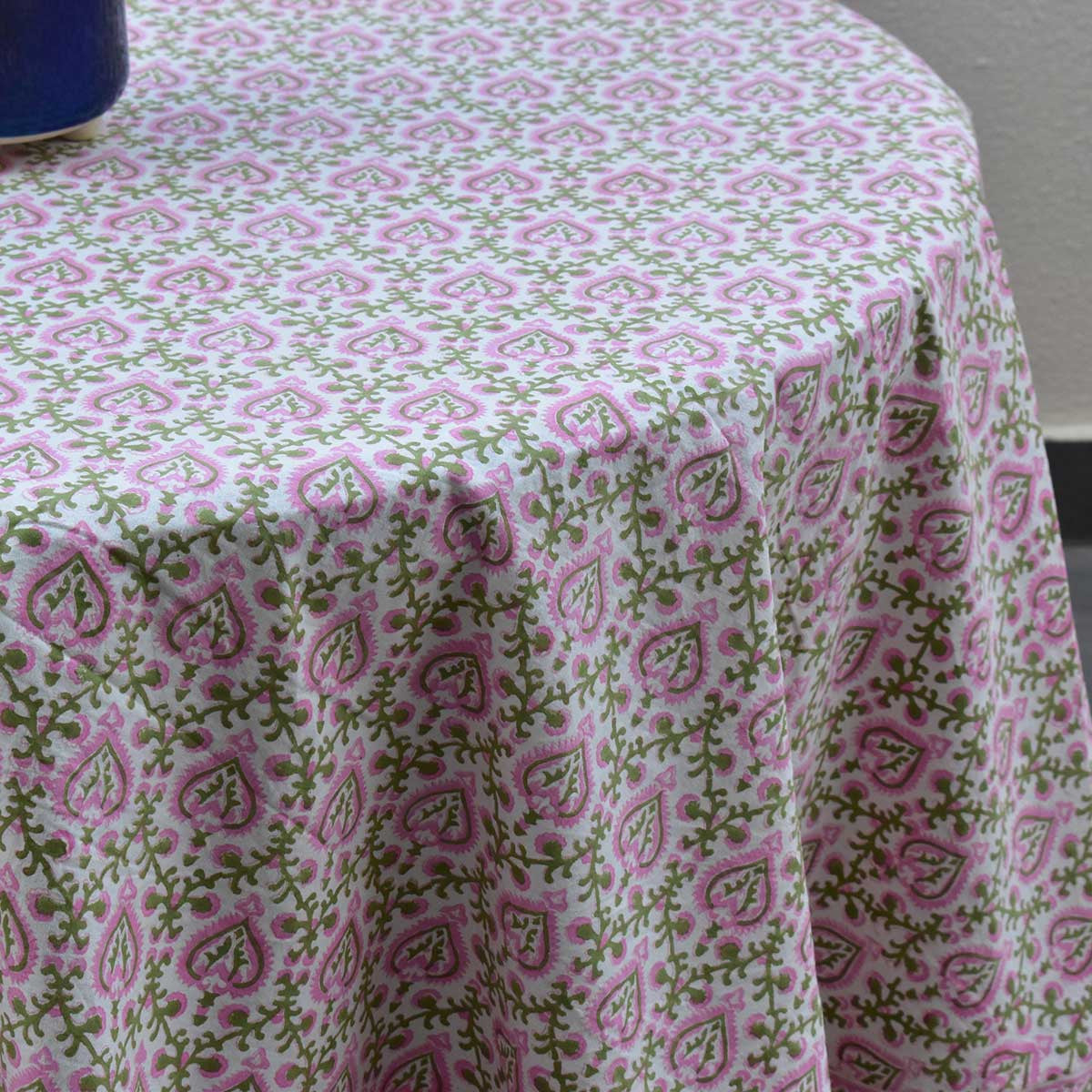 Round 220 cms Cotton French Design Table Cover | Mughal Pink Green 202520
