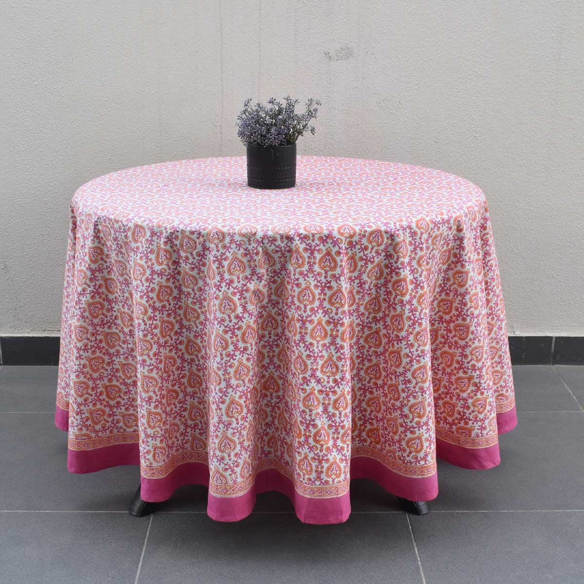 Round 220 cms Cotton French Design Table Cover | Mughal Pink Orange 202523