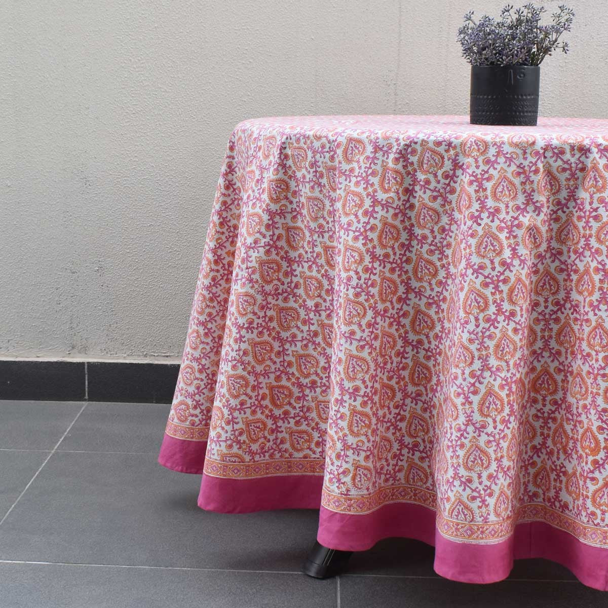 Round 220 cms Cotton French Design Table Cover | Mughal Pink Orange 202523