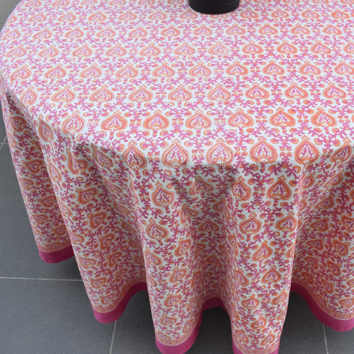 Round 220 cms Cotton French Design Table Cover | Mughal Pink Orange 202523