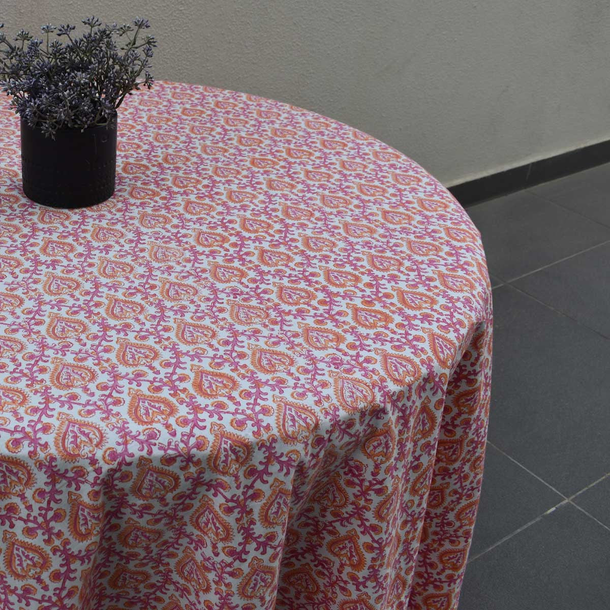 Round 220 cms Cotton French Design Table Cover | Mughal Pink Orange 202523