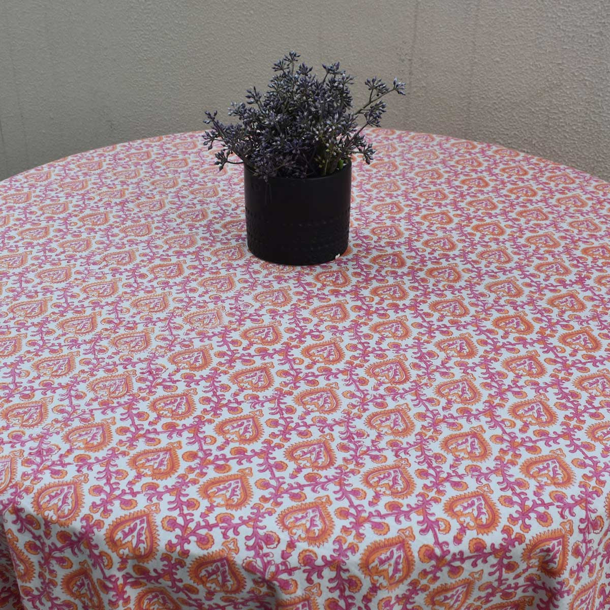 Round 220 cms Cotton French Design Table Cover | Mughal Pink Orange 202523