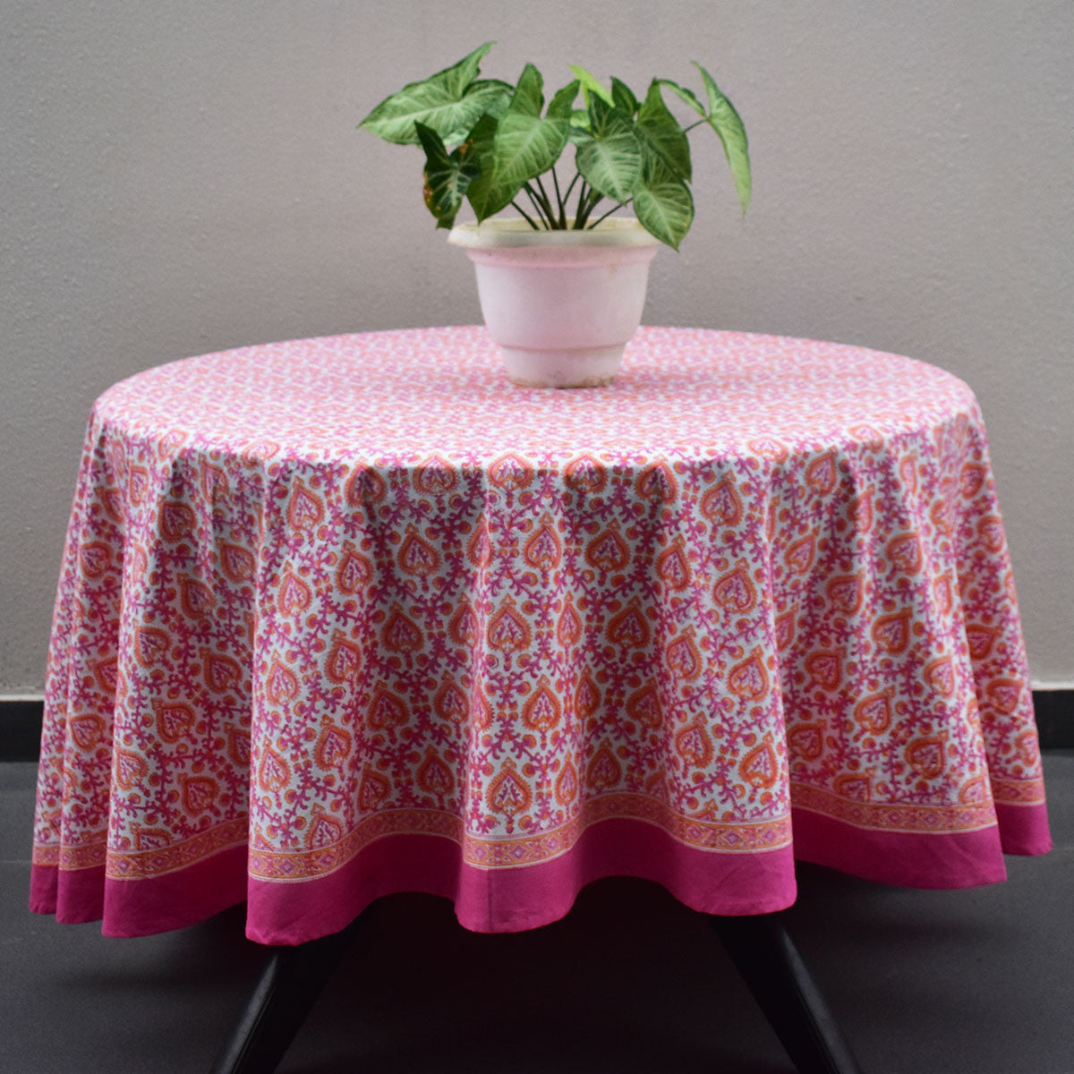 Round 220 cms Cotton French Design Table Cover | Mughal Pink Orange 202523