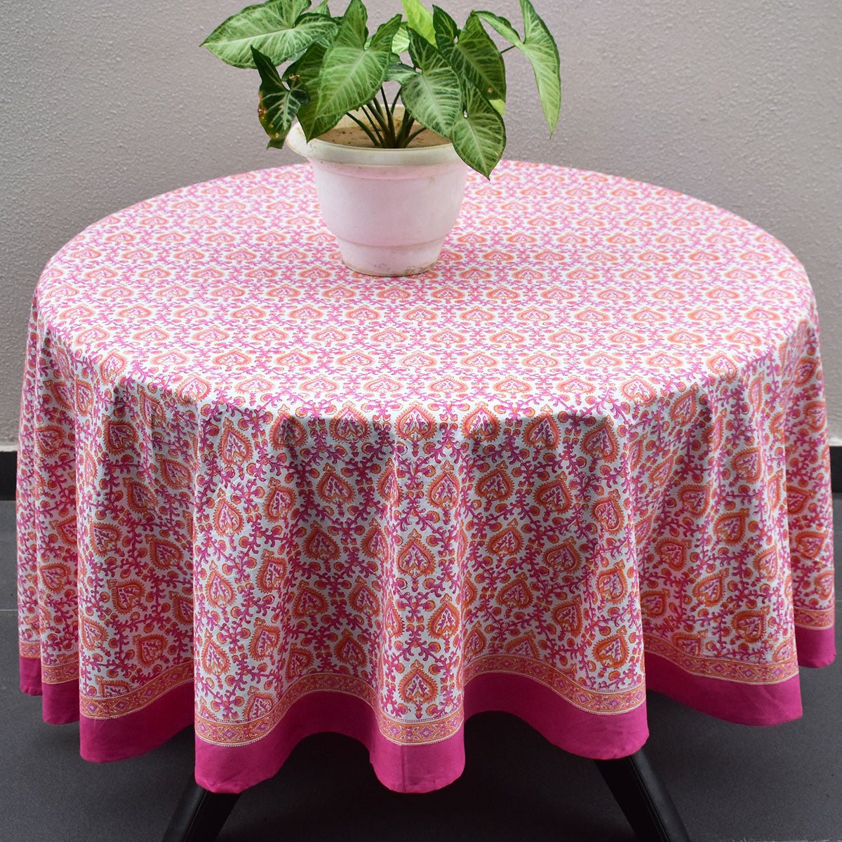 Round 220 cms Cotton French Design Table Cover | Mughal Pink Orange 202523