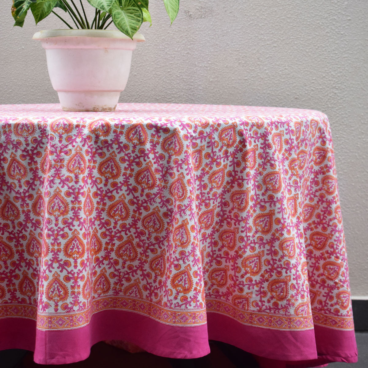 Round 220 cms Cotton French Design Table Cover | Mughal Pink Orange 202523