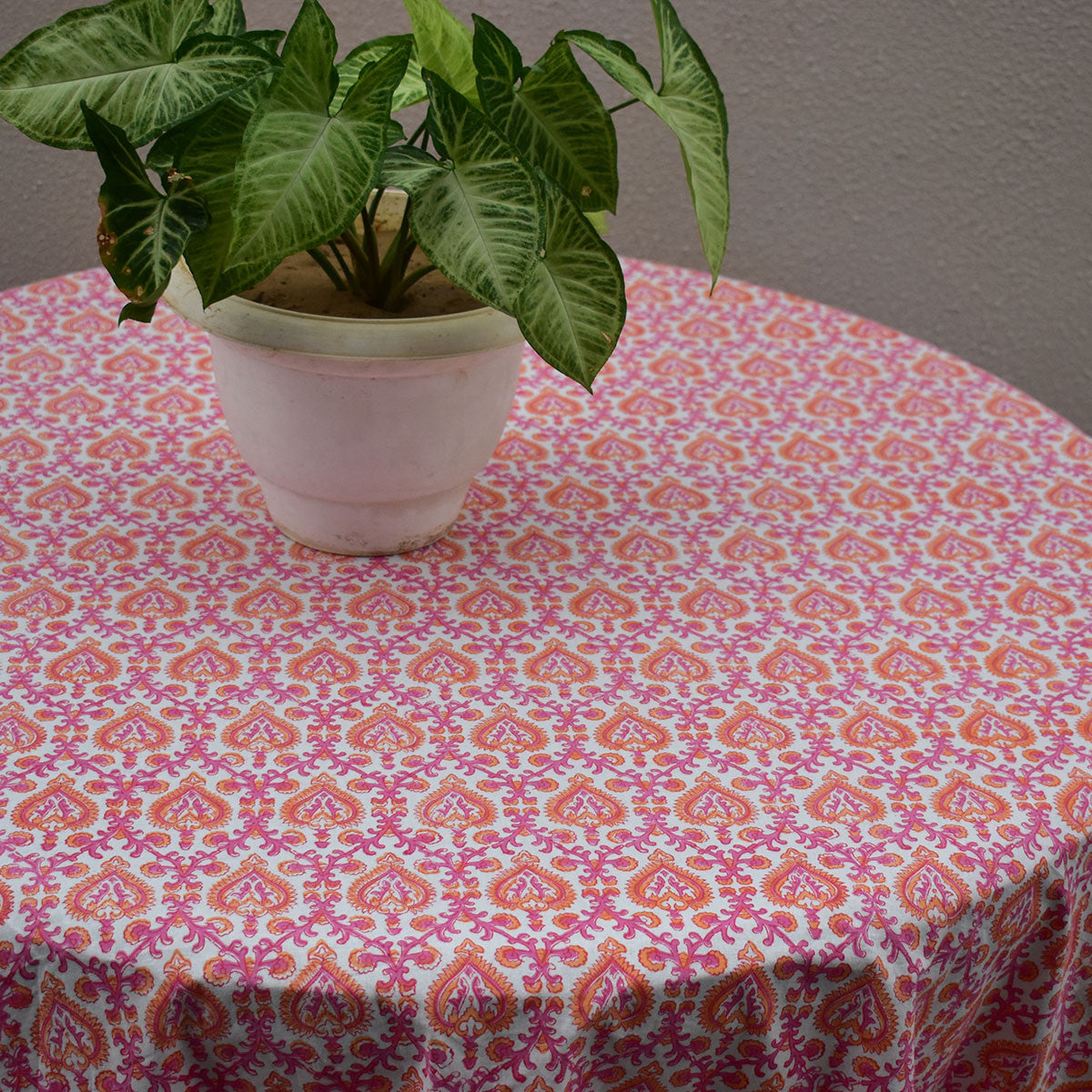 Round 220 cms Cotton French Design Table Cover | Mughal Pink Orange 202523