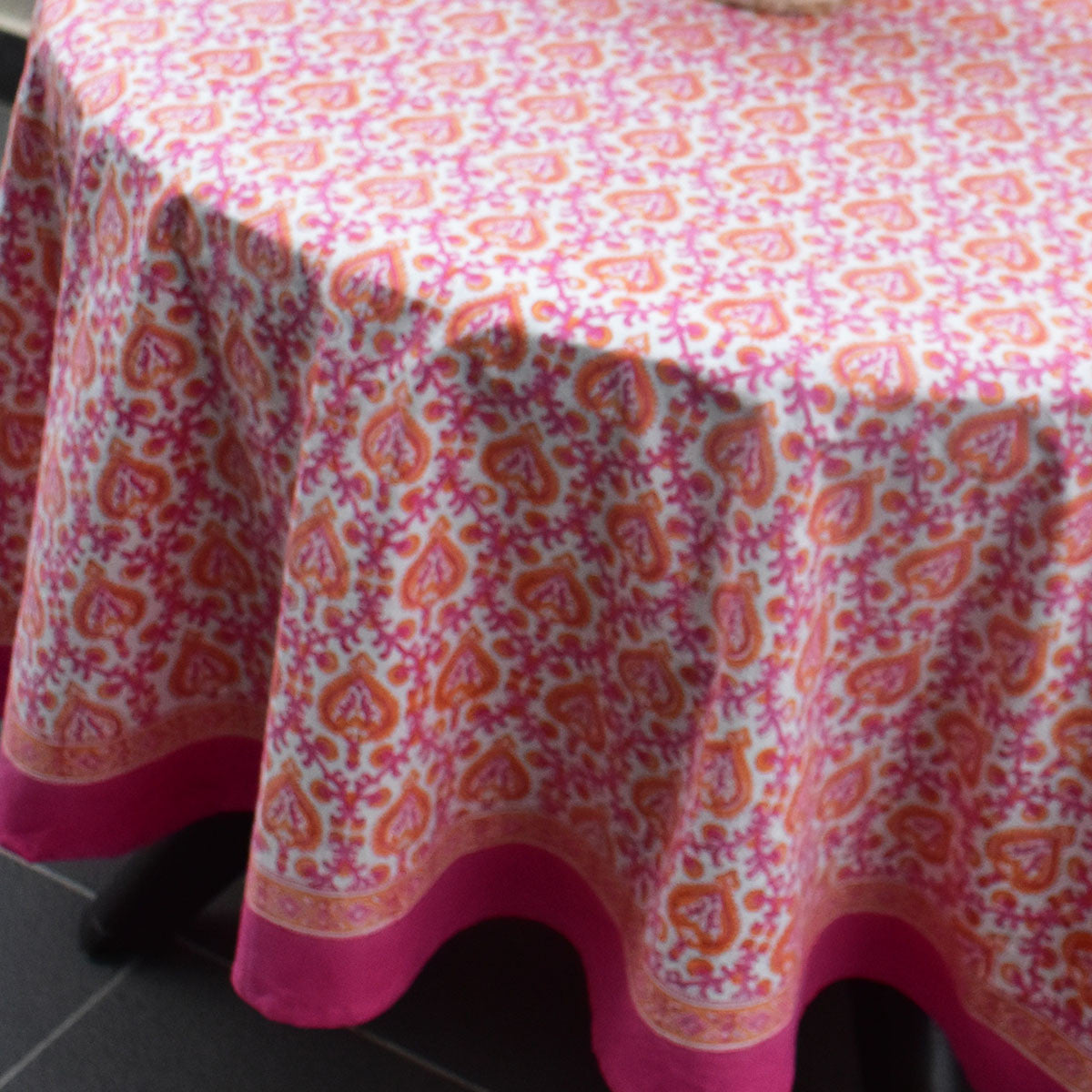 Round 220 cms Cotton French Design Table Cover | Mughal Pink Orange 202523