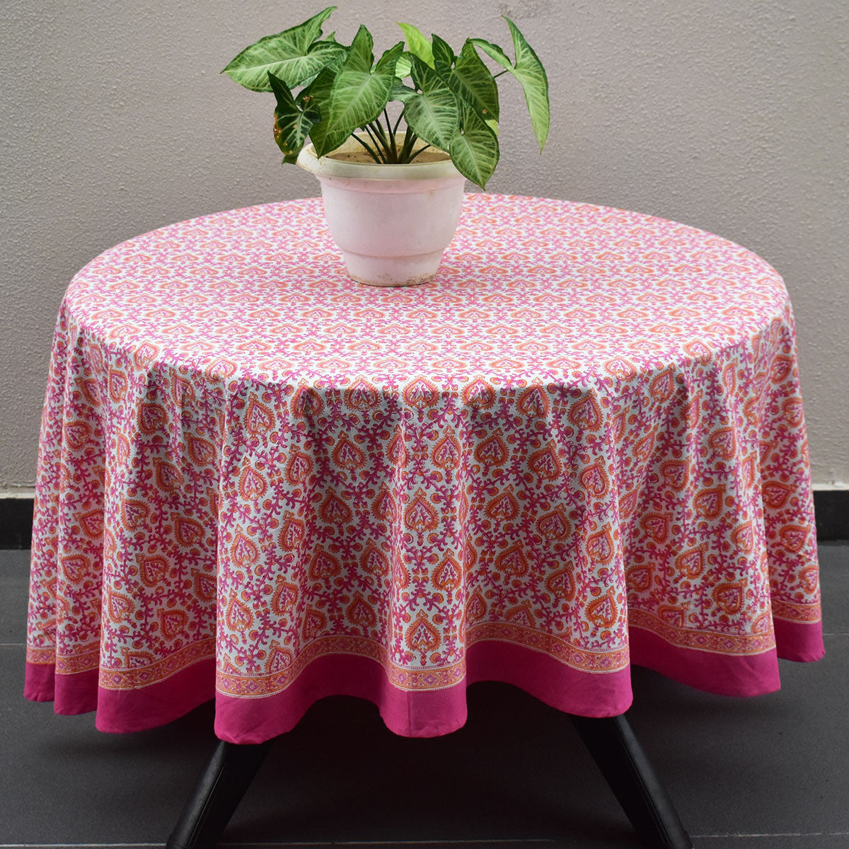 Round 220 cms Cotton French Design Table Cover | Mughal Pink Orange 202523