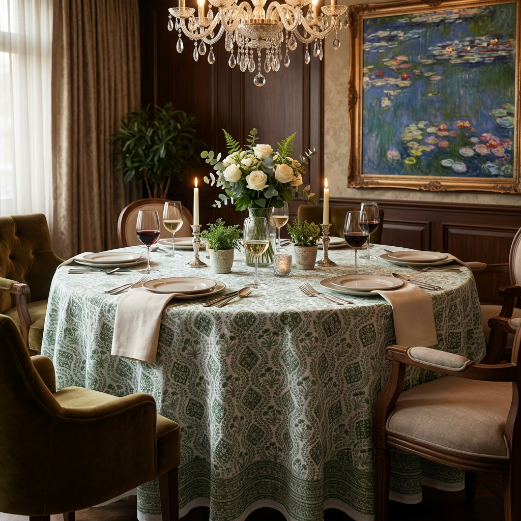 Round 220 cms Cotton French Design Table Cover | Trellis Shale Green 202517