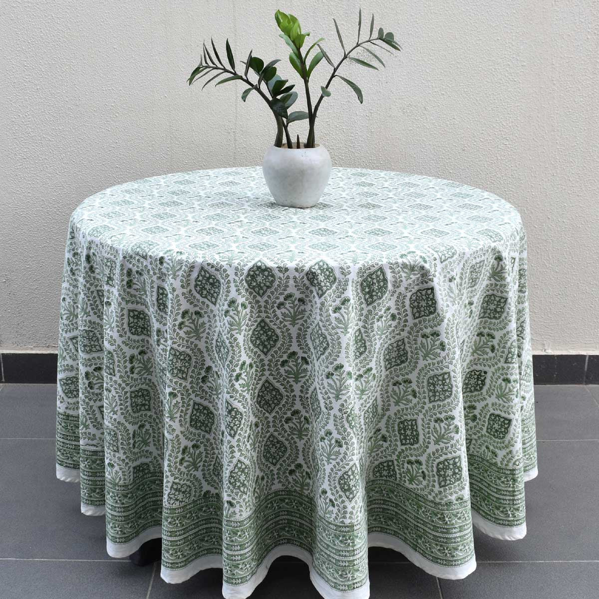 Round 220 cms Cotton French Design Table Cover | Trellis Shale Green 202517