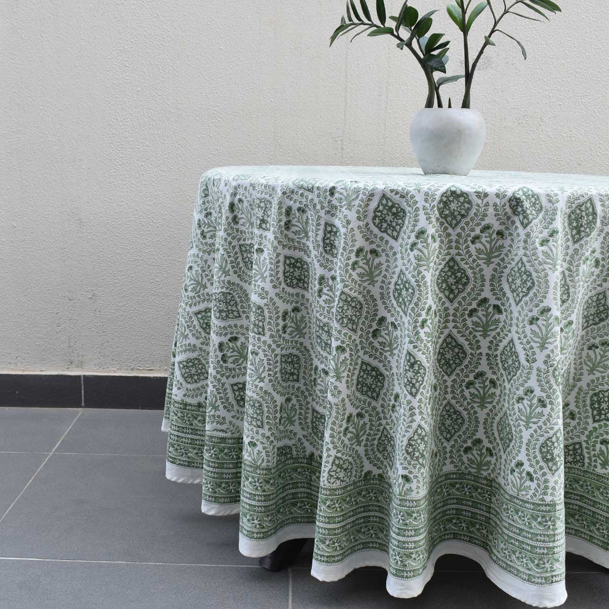 Round 220 cms Cotton French Design Table Cover | Trellis Shale Green 202517