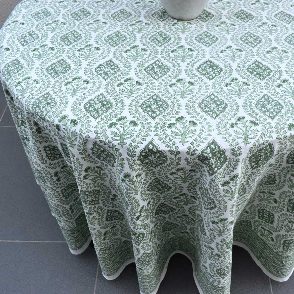 Round 220 cms Cotton French Design Table Cover | Trellis Shale Green 202517