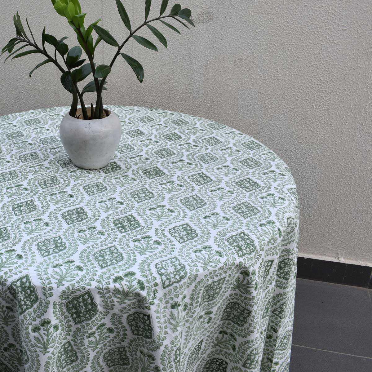 Round 220 cms Cotton French Design Table Cover | Trellis Shale Green 202517