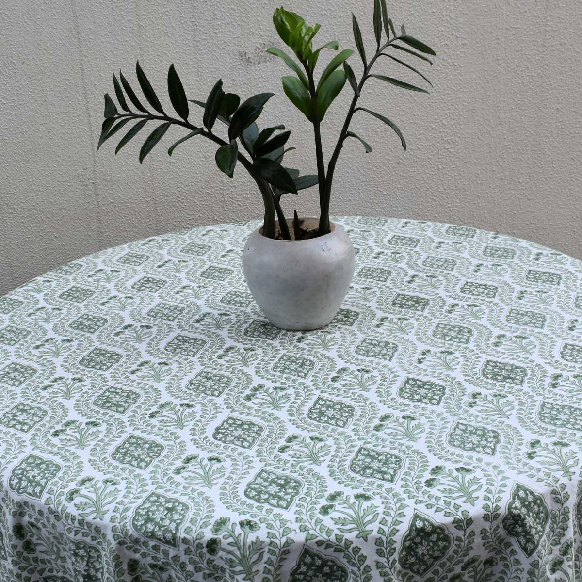 Round 220 cms Cotton French Design Table Cover | Trellis Shale Green 202517
