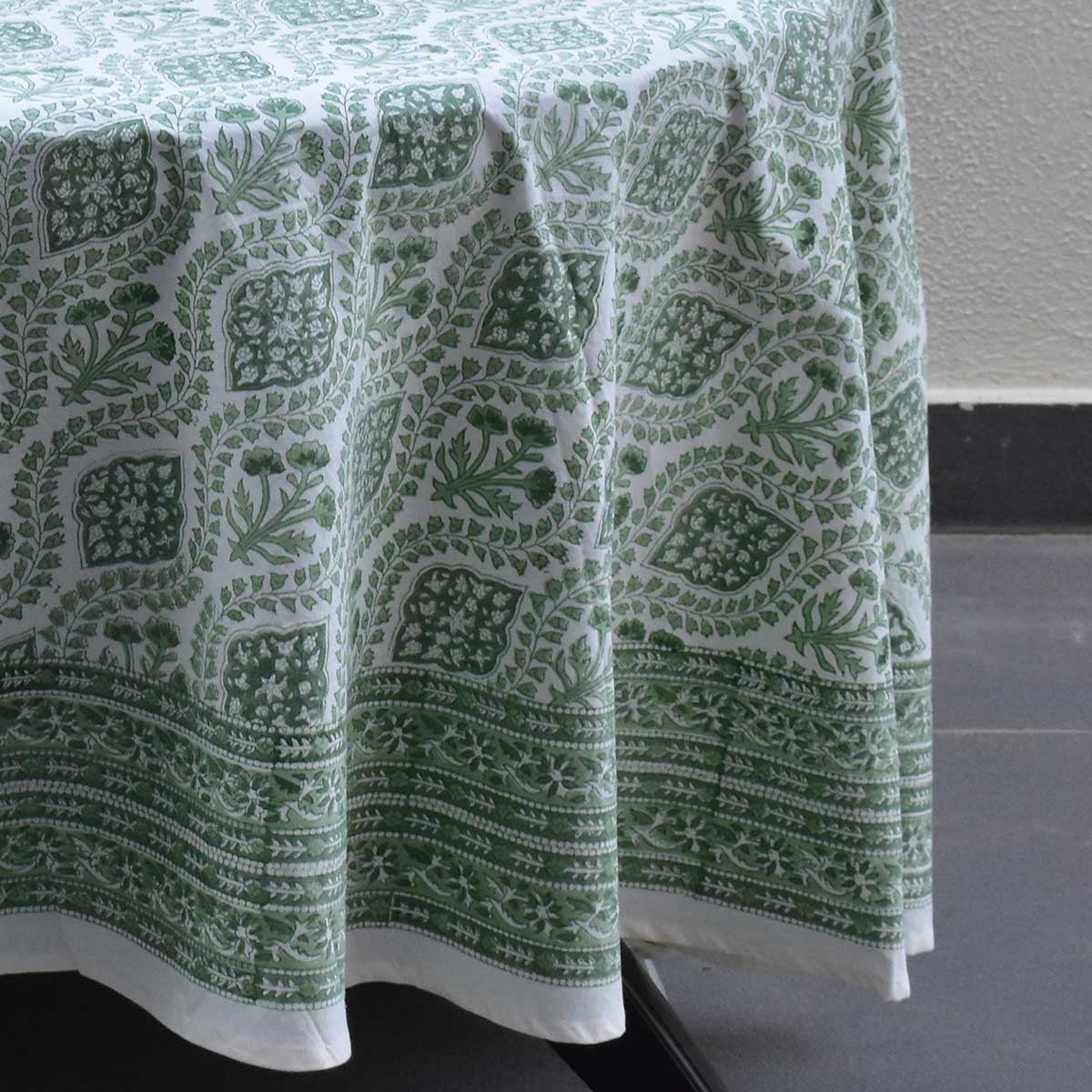 Round 220 cms Cotton French Design Table Cover | Trellis Shale Green 202517